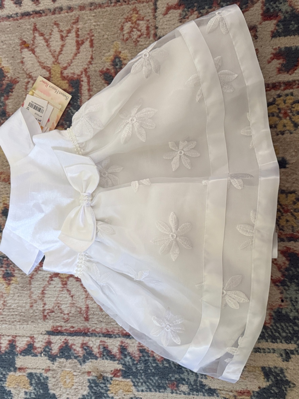 Gorgeous Brand New Sweet Heart Rose White Floral Embroidered Baby Dress with Bow